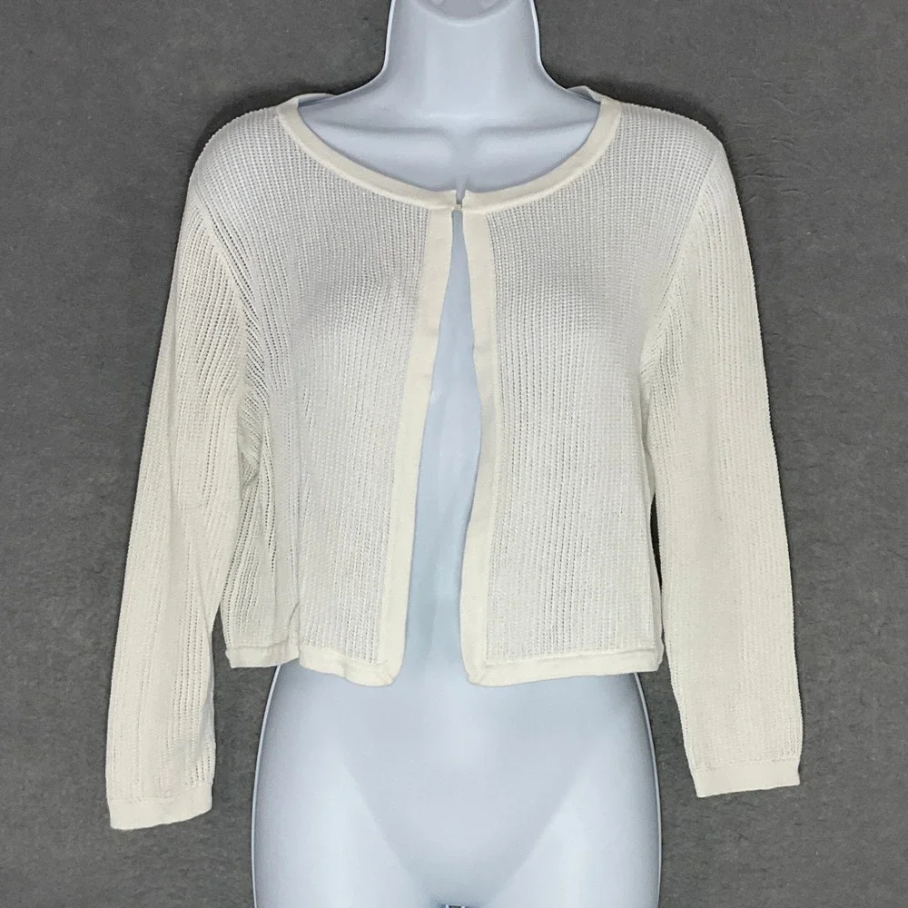 Talbots Womens‎ Cardigan Sweater Medium M White Knit Open Front 3/4 Sleeve